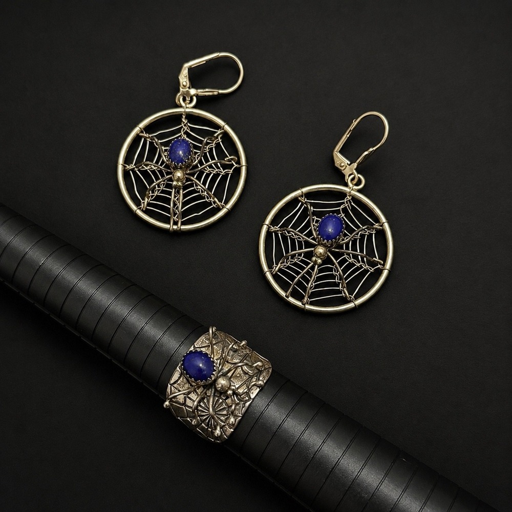 Sterling Silver 925 Spider Web Lapis Lazuli Ring Earrings Set‎ Size 10 Artisan